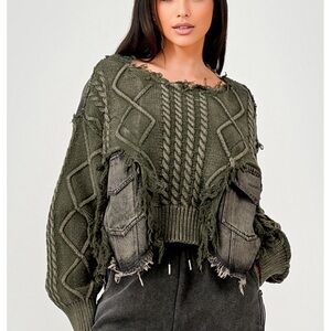 Women's Olive Green Frayed Sweater
